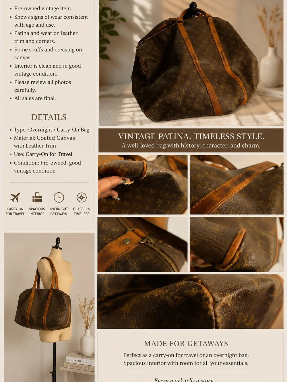 Vintage Brown Canvas Travel Tote with Leather Trim